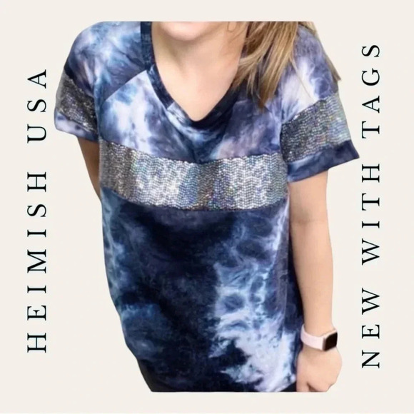 HEIMISH USA SHORT SLEEVE TIE‎ DYE TOP WITH SEQUINS SIZE SMALL BLACK/NAVY/WHITE - Picture 1 of 12